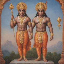 The Hindu gods Ram and Hanuman standing together. Hanuman is devotedly gazing upon Ram, signifying his immense devotion. Both are clad in traditional attire against a backdrop of ancient India.