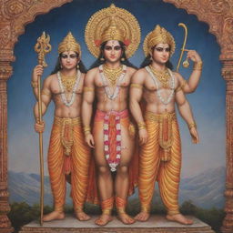 The Hindu gods Ram and Hanuman standing together. Hanuman is devotedly gazing upon Ram, signifying his immense devotion. Both are clad in traditional attire against a backdrop of ancient India.