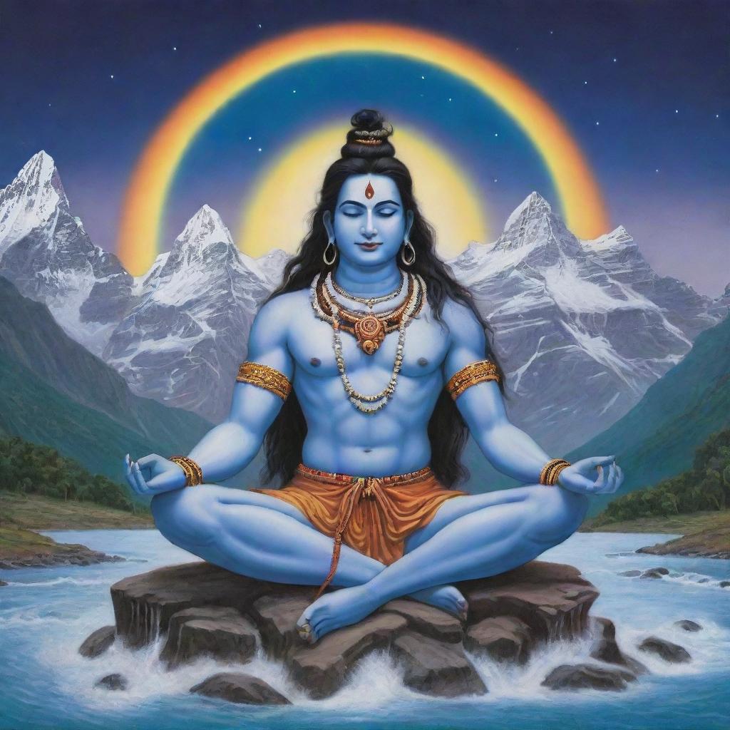 Generate a vivid image of Lord Shiva meditating, enveloped by the spiritual aura of Mount Kailash, crowned by a crescent moon and with the river Ganga flowing gracefully from his matted hair.