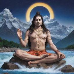 Generate a vivid image of Lord Shiva meditating, enveloped by the spiritual aura of Mount Kailash, crowned by a crescent moon and with the river Ganga flowing gracefully from his matted hair.