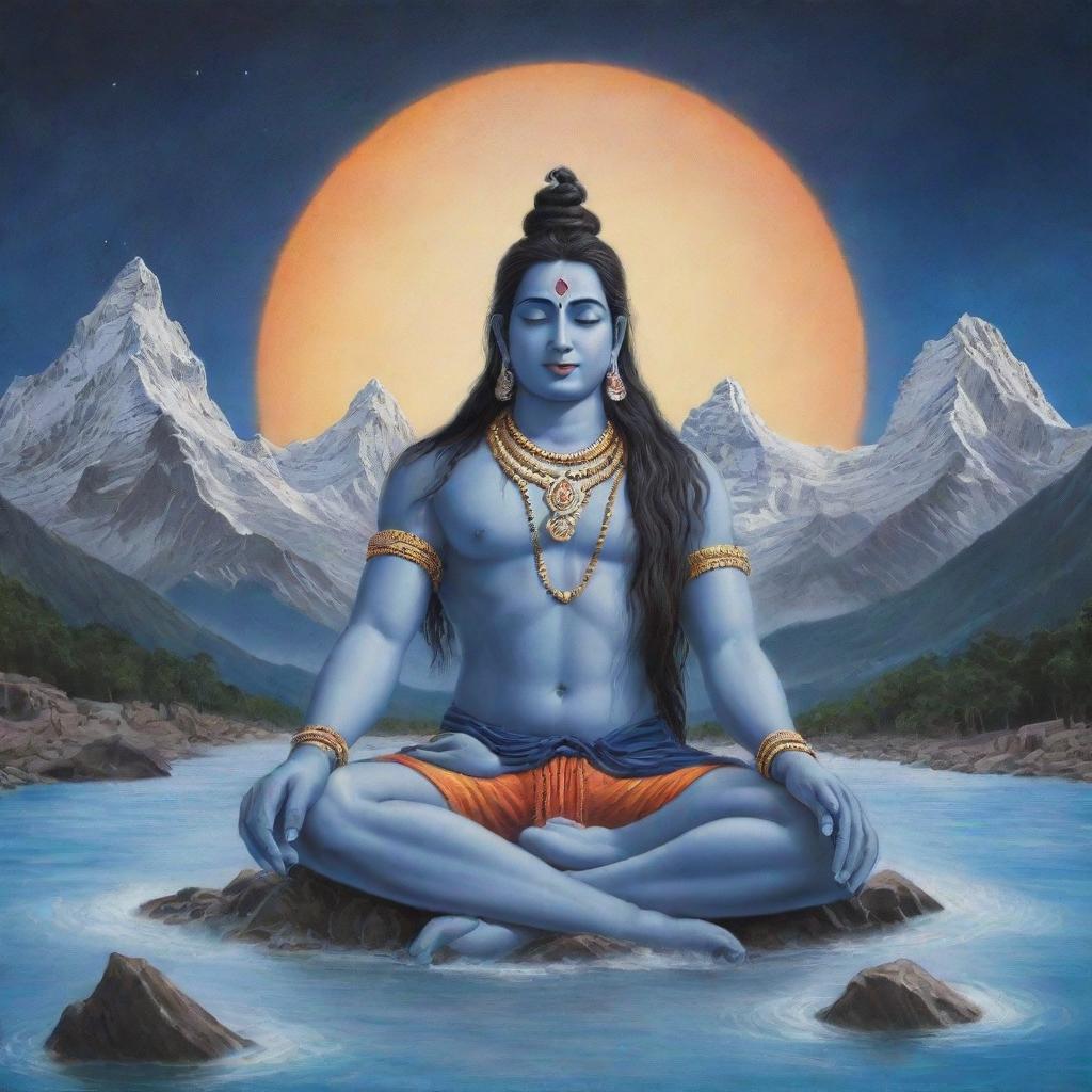 Generate a vivid image of Lord Shiva meditating, enveloped by the spiritual aura of Mount Kailash, crowned by a crescent moon and with the river Ganga flowing gracefully from his matted hair.