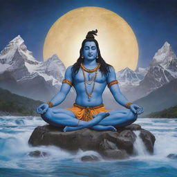 Generate a vivid image of Lord Shiva meditating, enveloped by the spiritual aura of Mount Kailash, crowned by a crescent moon and with the river Ganga flowing gracefully from his matted hair.