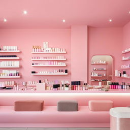 Charming minimalist cosmetic shop with a soothing color palette, refined furnishings, and neatly organized beauty products.