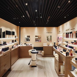 Stylish cosmetic boutique with minimalistic elegance, serene ambiance, and a curated selection of beauty products artfully presented.