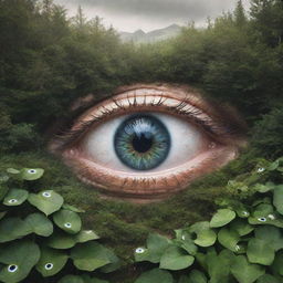 A surreal landscape featuring eyes embedded into different elements of nature