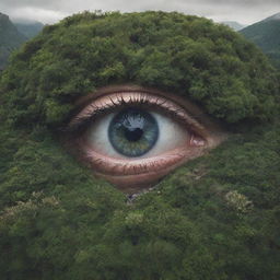 A surreal landscape featuring eyes embedded into different elements of nature