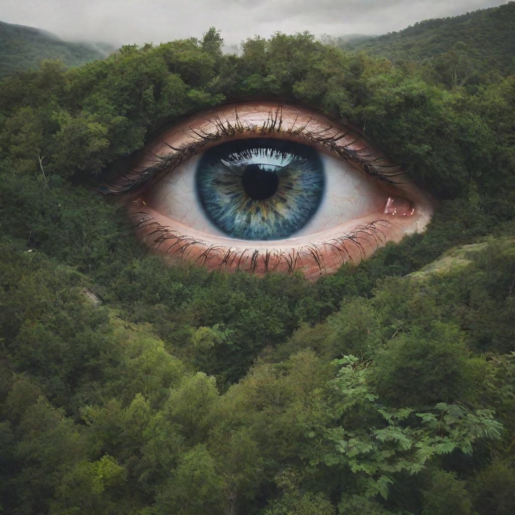 A surreal landscape featuring eyes embedded into different elements of nature