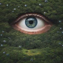 A surreal landscape featuring eyes embedded into different elements of nature