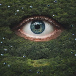 A surreal landscape featuring eyes embedded into different elements of nature