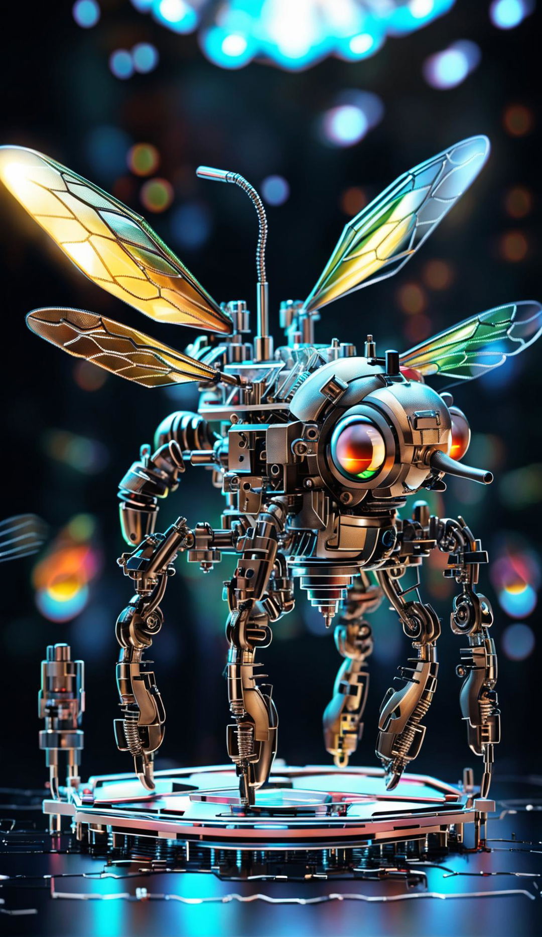 A detailed robotic bee made from chrome and steel with LED eyes, intricate wings, and a retractable stinger hovers over a circuit board flower against a backdrop of a futuristic hive.