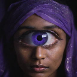 A detailed close-up of a mystical third eye, occupying the middle of a human forehead, glowing intensely with a royal purple hue against a dimly lit backdrop.