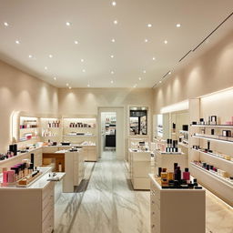 Stylish cosmetic boutique with minimalistic elegance, serene ambiance, and a curated selection of beauty products artfully presented.