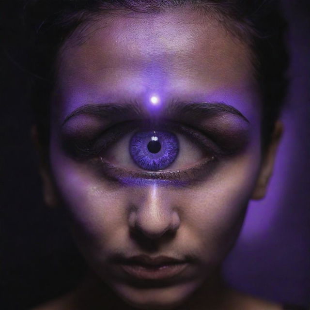 A detailed close-up of a mystical third eye, occupying the middle of a human forehead, glowing intensely with a royal purple hue against a dimly lit backdrop.