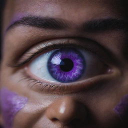 A detailed close-up of a mystical third eye, occupying the middle of a human forehead, glowing intensely with a royal purple hue against a dimly lit backdrop.