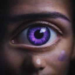 A detailed close-up of a mystical third eye, occupying the middle of a human forehead, glowing intensely with a royal purple hue against a dimly lit backdrop.