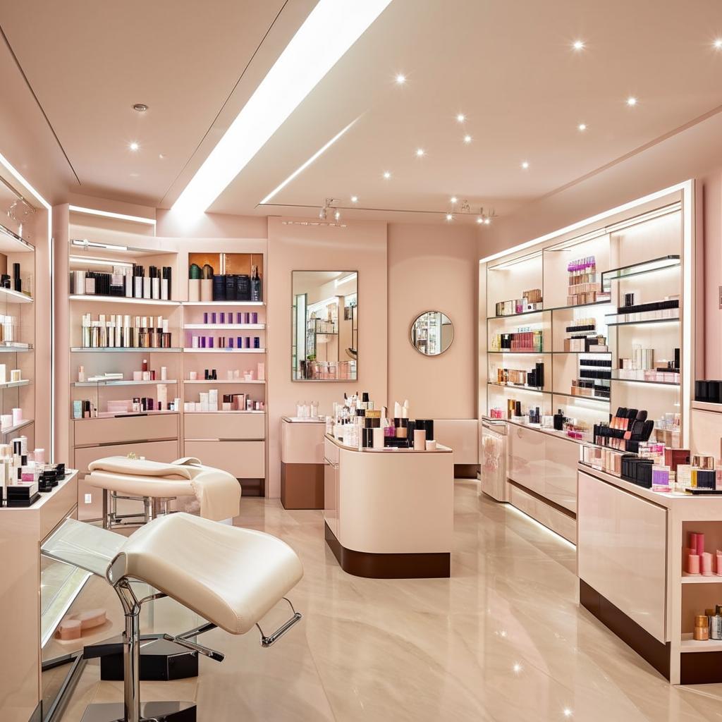 Stylish cosmetic boutique with minimalistic elegance, serene ambiance, and a curated selection of beauty products artfully presented.