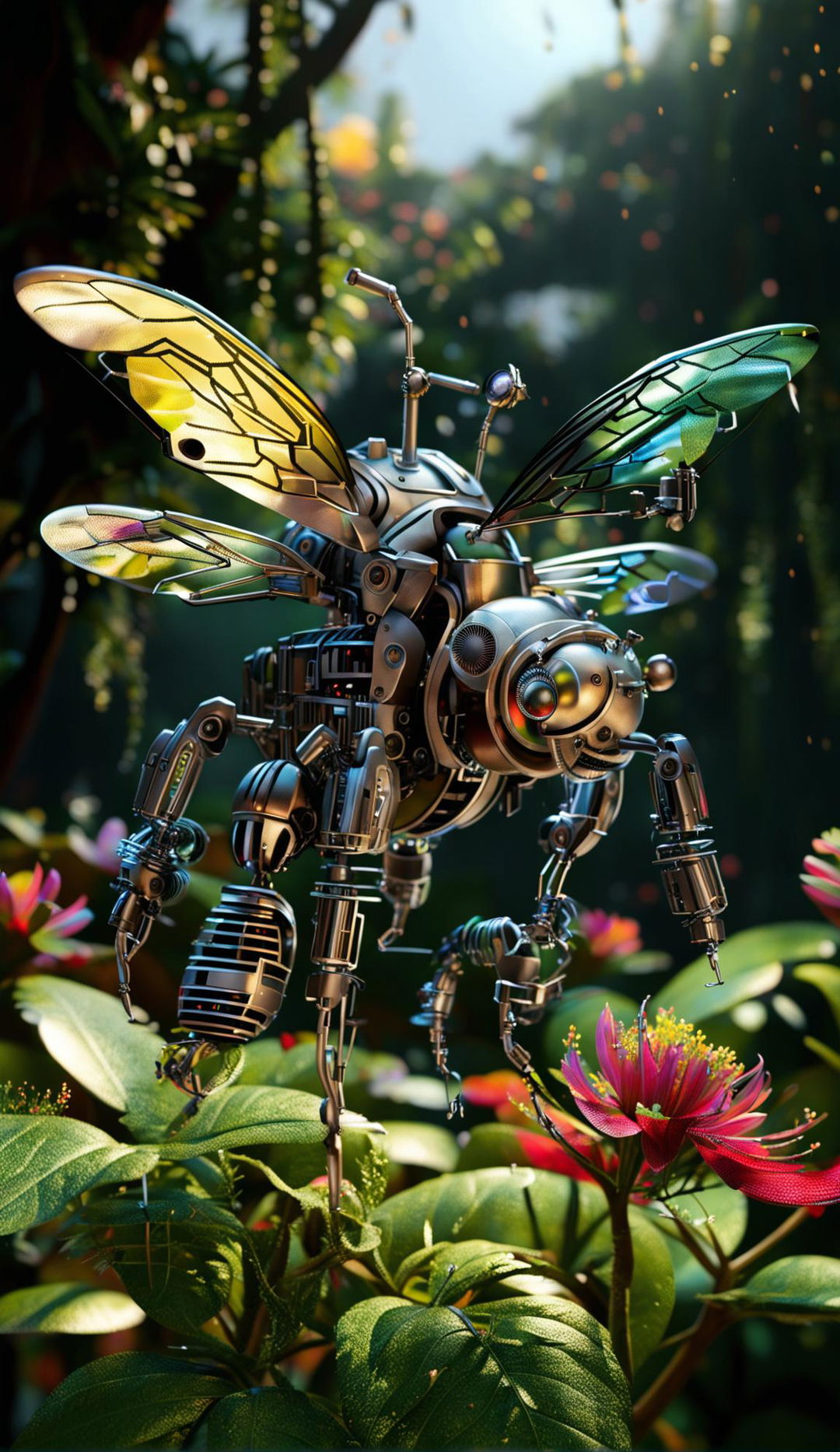 A robotic bee made from chrome and steel with LED eyes, intricate wings, and a retractable stinger flies through a lush tropical rainforest filled with vibrant blooming flowers.