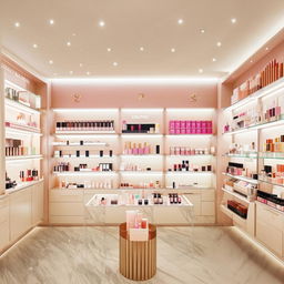 Stylish cosmetic boutique with minimalistic elegance, serene ambiance, and a curated selection of beauty products artfully presented.