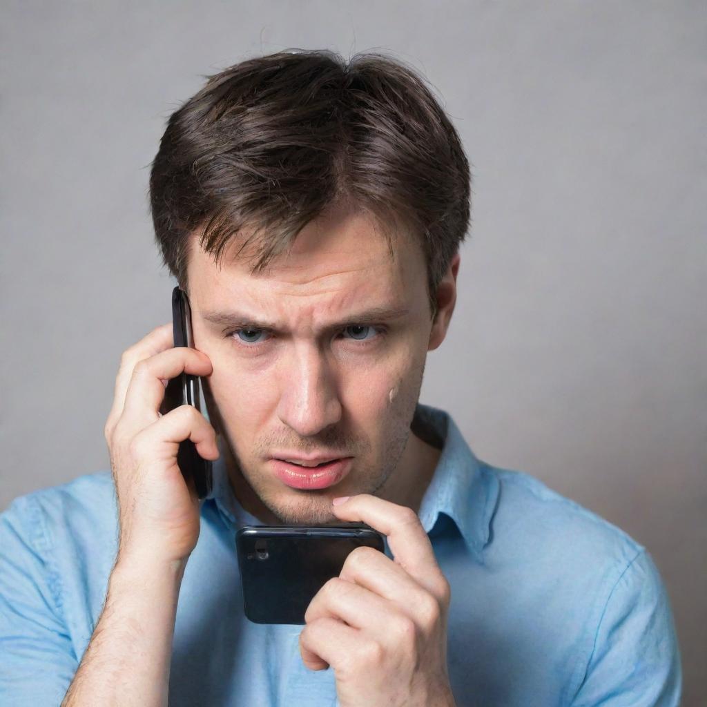 A frustrated person trying to remember their forgotten mobile password, stressed expression visible on their face, holding a locked smartphone.