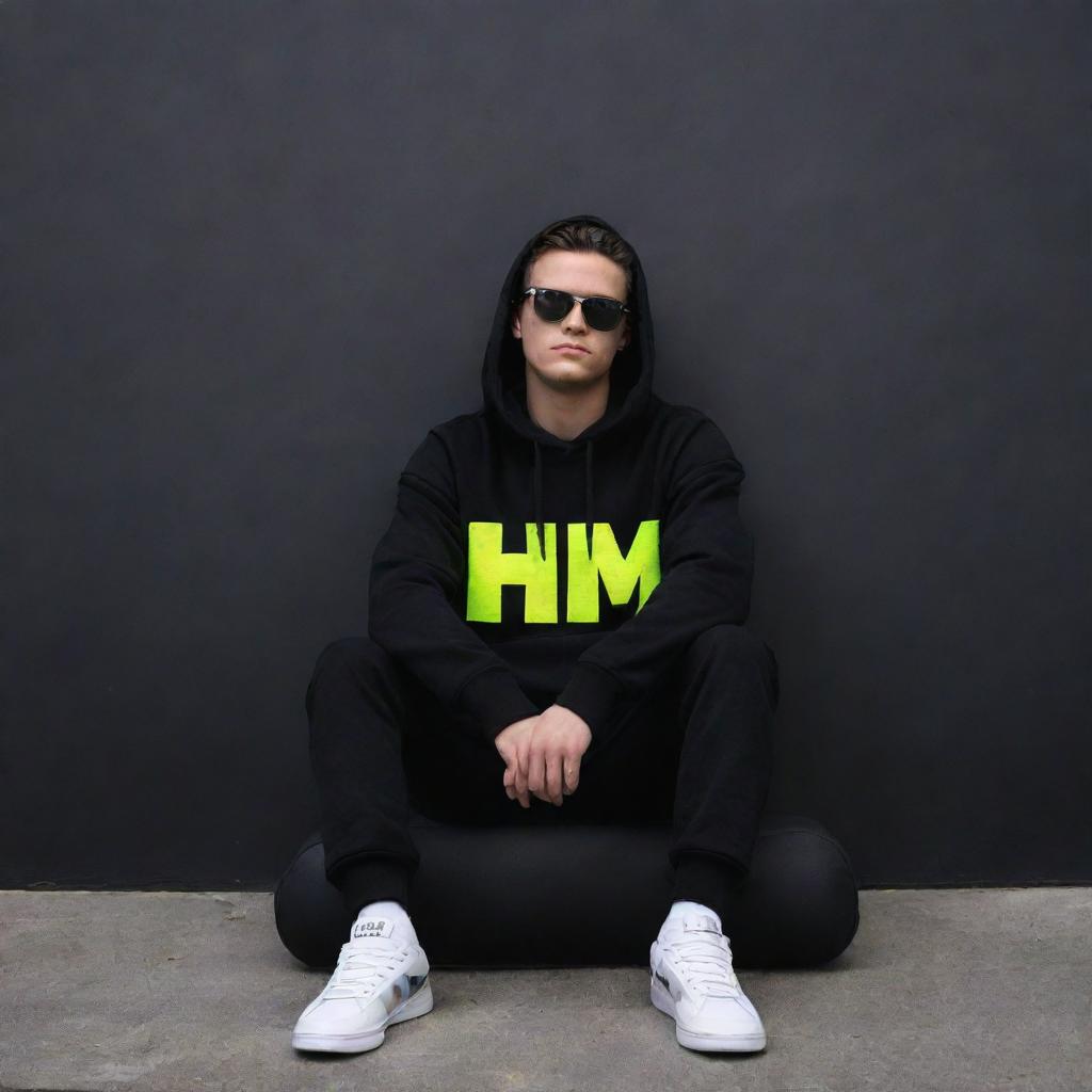 Create a 3D illusion depicting a cute 25-year-old boy casually sitting on a black BMW M5, wearing a black hoodie, sneakers and sunglasses. He's gazing into the distance, in contrast to a dark grey wall backdrop featuring 'HM' in large, neon yellow capital letters.