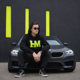 Create a 3D illusion depicting a cute 25-year-old boy casually sitting on a black BMW M5, wearing a black hoodie, sneakers and sunglasses. He's gazing into the distance, in contrast to a dark grey wall backdrop featuring 'HM' in large, neon yellow capital letters.