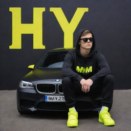 Create a 3D illusion depicting a cute 25-year-old boy casually sitting on a black BMW M5, wearing a black hoodie, sneakers and sunglasses. He's gazing into the distance, in contrast to a dark grey wall backdrop featuring 'HM' in large, neon yellow capital letters.