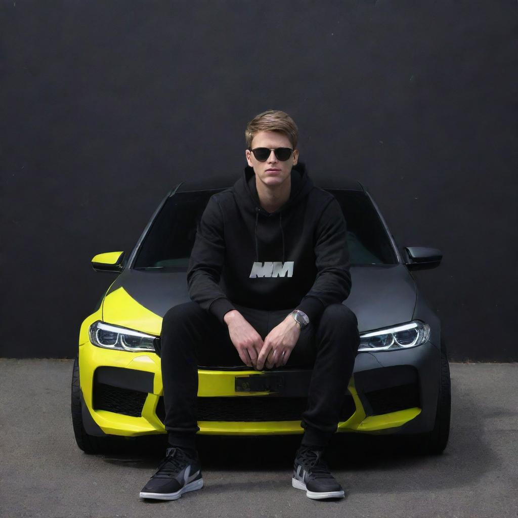 Create a 3D illusion depicting a cute 25-year-old boy casually sitting on a black BMW M5, wearing a black hoodie, sneakers and sunglasses. He's gazing into the distance, in contrast to a dark grey wall backdrop featuring 'HM' in large, neon yellow capital letters.