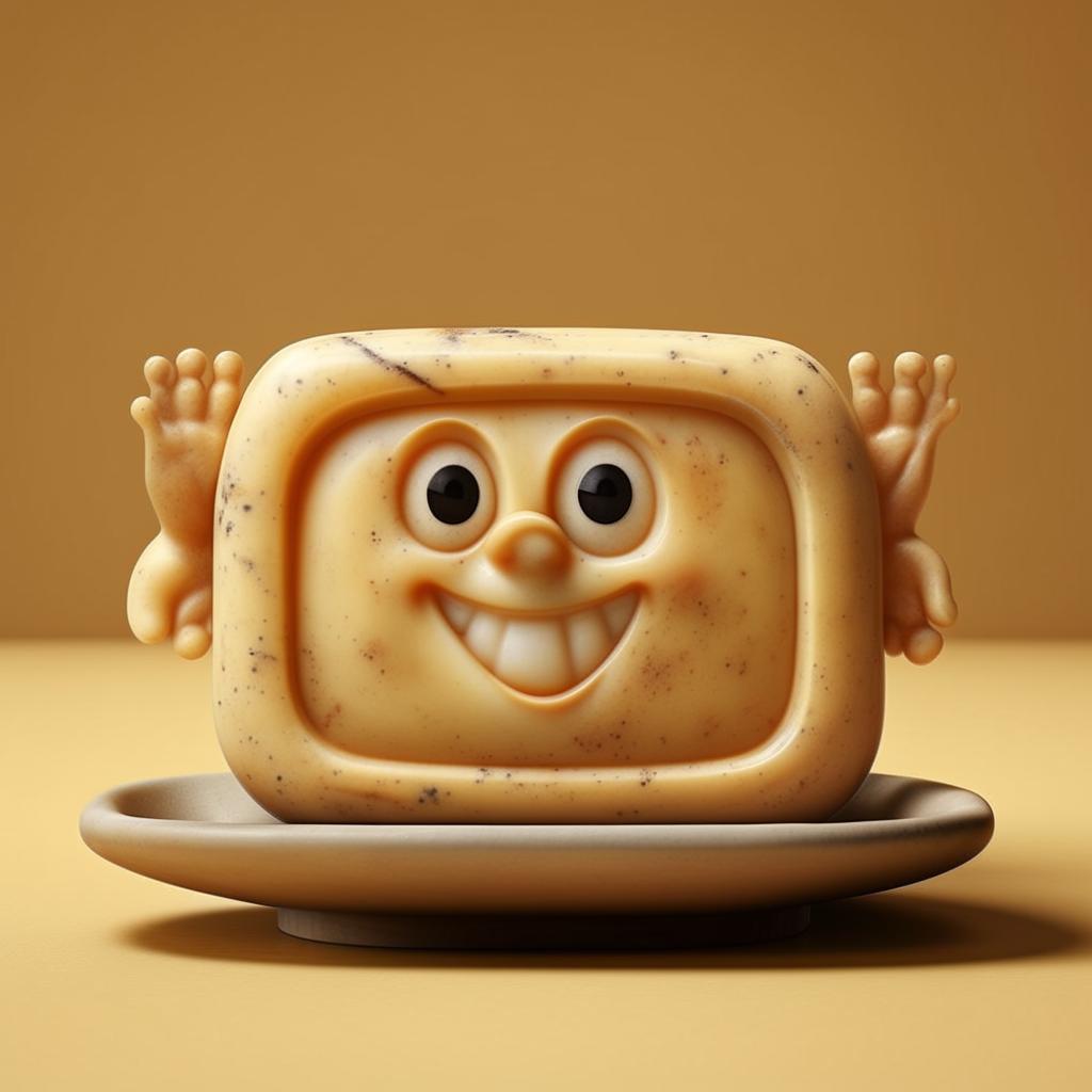 Photorealistic HD 1080p image of a whimsical bar of soap with a friendly face, hands, and legs, positioned on a soap dish.