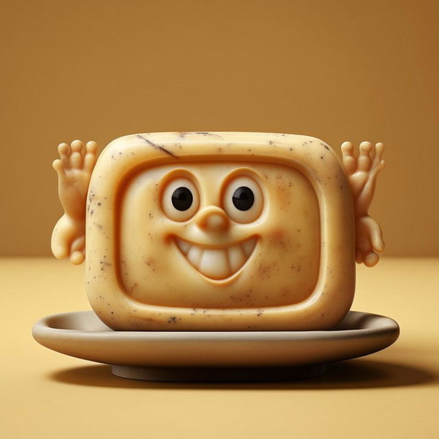 Photorealistic HD 1080p image of a whimsical bar of soap with a friendly face, hands, and legs, positioned on a soap dish.