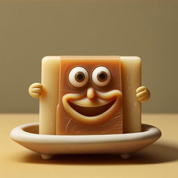 Photorealistic HD 1080p image of a whimsical bar of soap with a friendly face, hands, and legs, positioned on a soap dish.