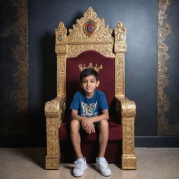 A young boy seated regally on a lavish king's throne, with a backdrop wall prominently featuring the phrase 'Gamer Daksha'.