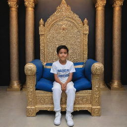 A young boy seated regally on a lavish king's throne, with a backdrop wall prominently featuring the phrase 'Gamer Daksha'.