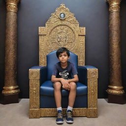 A young boy seated regally on a lavish king's throne, with a backdrop wall prominently featuring the phrase 'Gamer Daksha'.