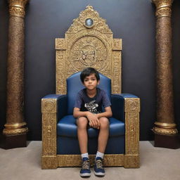 A young boy seated regally on a lavish king's throne, with a backdrop wall prominently featuring the phrase 'Gamer Daksha'.