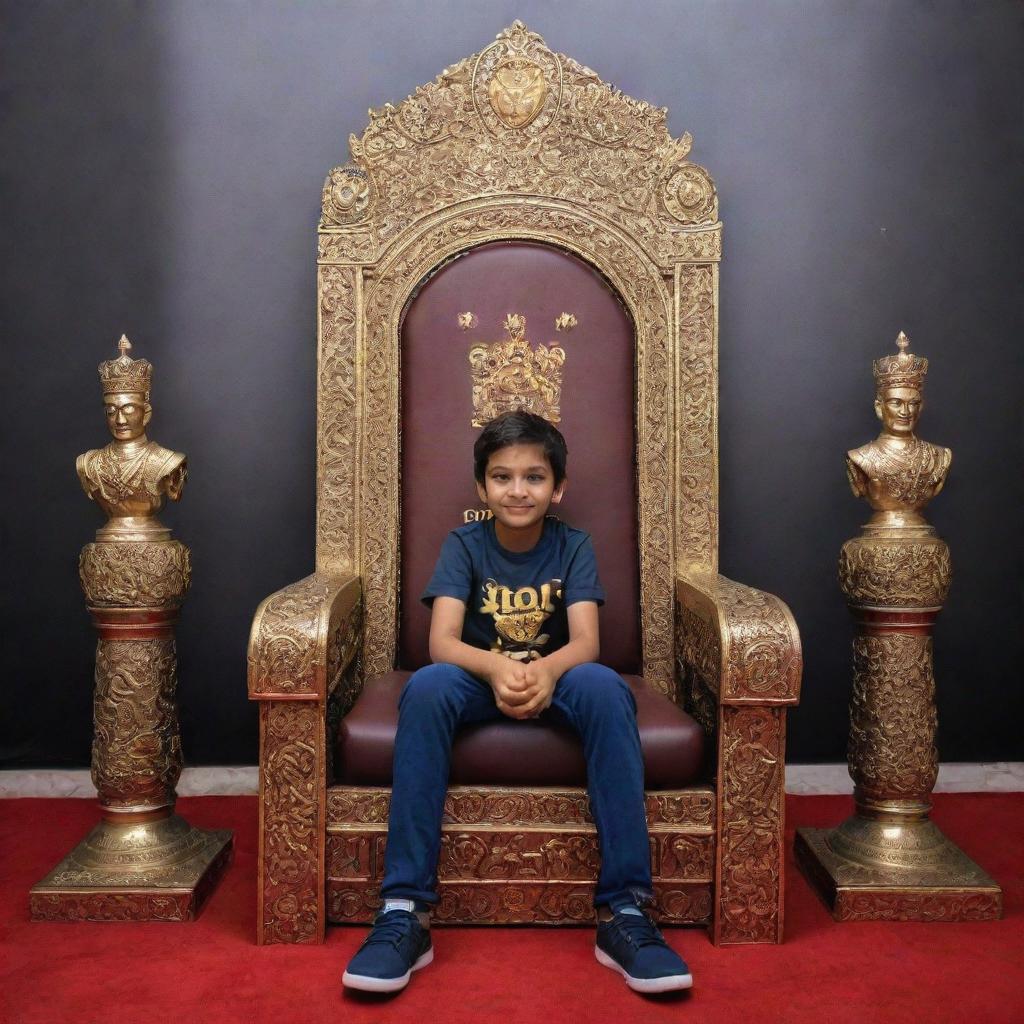 A young boy seated regally on a lavish king's throne, with a backdrop wall prominently featuring the phrase 'Gamer Daksha'.