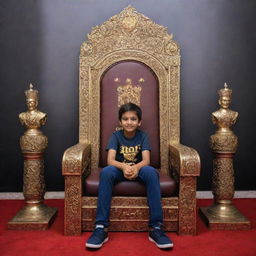 A young boy seated regally on a lavish king's throne, with a backdrop wall prominently featuring the phrase 'Gamer Daksha'.