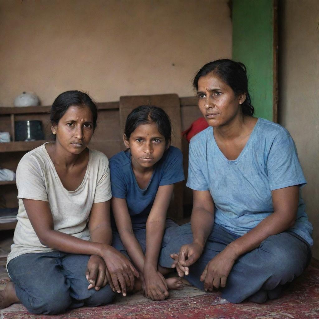 A humble family huddled together in a modestly furnished home, their expressions holding a strong sense of unity and resilience despite their impoverished circumstances.