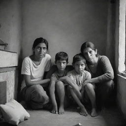 A humble family huddled together in a modestly furnished home, their expressions holding a strong sense of unity and resilience despite their impoverished circumstances.