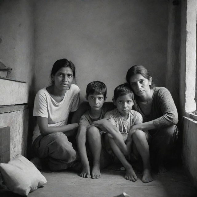 A humble family huddled together in a modestly furnished home, their expressions holding a strong sense of unity and resilience despite their impoverished circumstances.