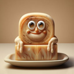 Photorealistic HD 1080p image of a whimsical bar of soap with a friendly face, hands, and legs, positioned on a soap dish.