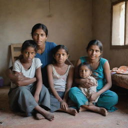 A humble family huddled together in a modestly furnished home, their expressions holding a strong sense of unity and resilience despite their impoverished circumstances.