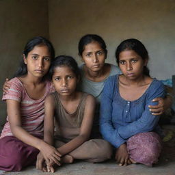 A humble family huddled together in a modestly furnished home, their expressions holding a strong sense of unity and resilience despite their impoverished circumstances.