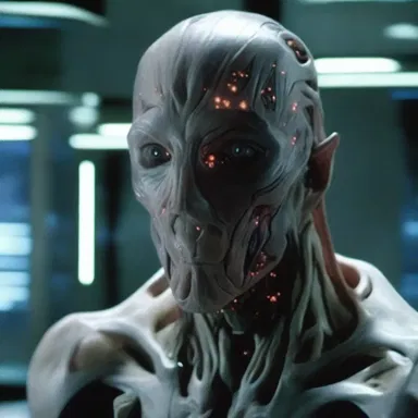 The advanced technology in the science fiction film allows humans to undergo a metamorphous process, altering their appearance and abilities.