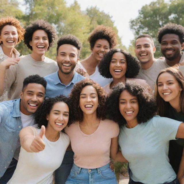 An enthusiastic group of diverse individuals posing for a joyful group photo outdoors on a sunny day.