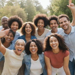 An enthusiastic group of diverse individuals posing for a joyful group photo outdoors on a sunny day.