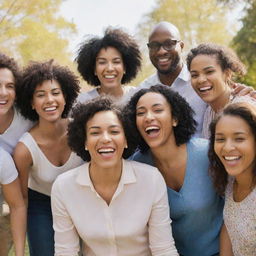 An enthusiastic group of diverse individuals posing for a joyful group photo outdoors on a sunny day.