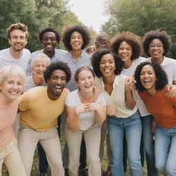 An enthusiastic group of diverse individuals posing for a joyful group photo outdoors on a sunny day.