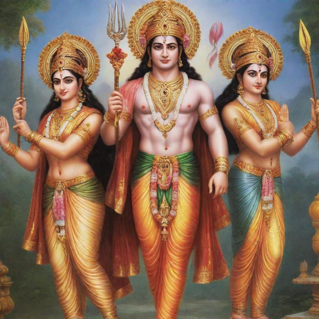 Generate high-definition, vibrant images of Lord Ram, Sita, and Hanuman in several variations