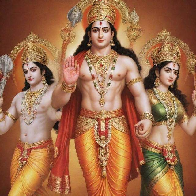 Generate high-definition, vibrant images of Lord Ram, Sita, and Hanuman in several variations