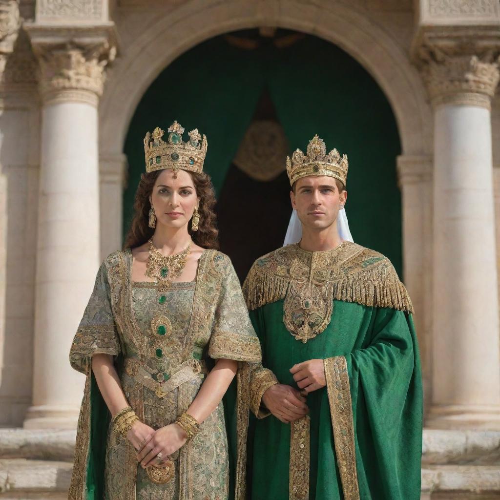 A king and queen with green eyes from the Carthaginian Empire, depicted in royal attire and regalia, against the backdrop of their grand imperial architecture.